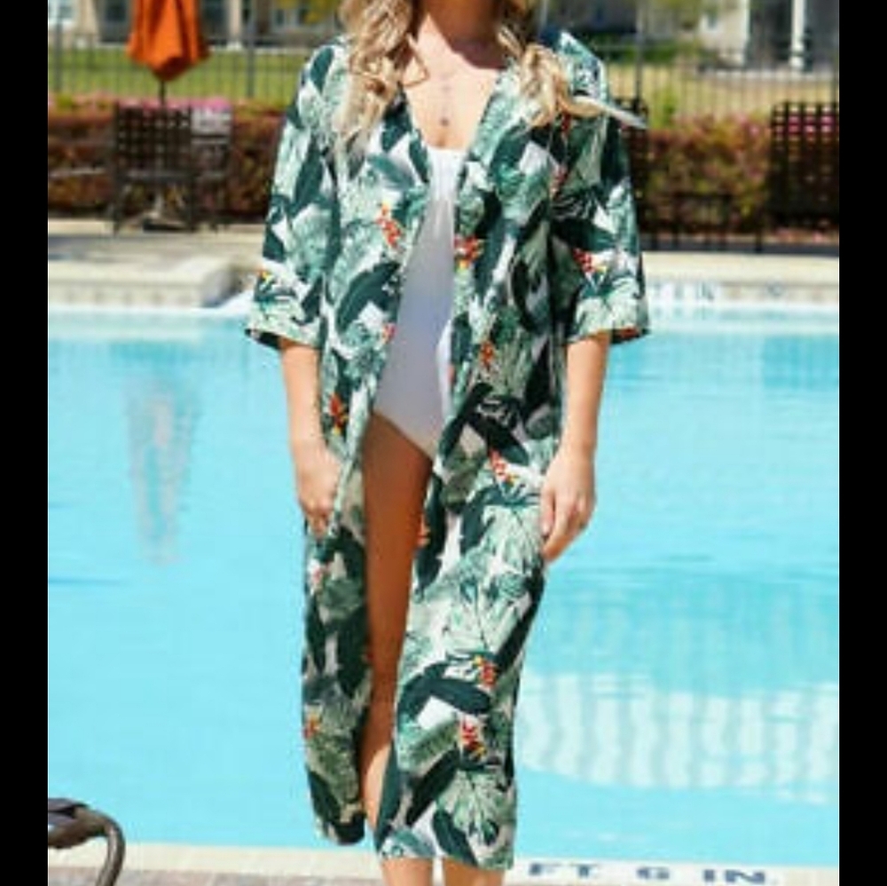 🔥🔥🔥Rachel Zoe Palm print duster beach cover up OS - Picture 4 of 14